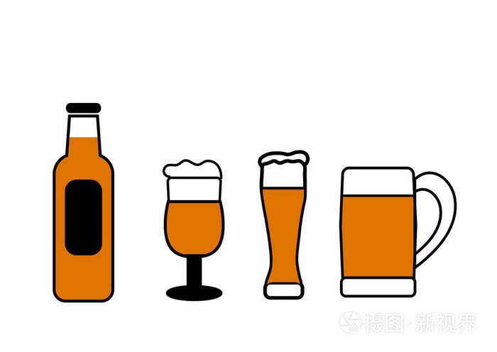 平矢量瓶眼镜和啤酒杯酒精饮料宣传海报或啤酒厂横幅的元素