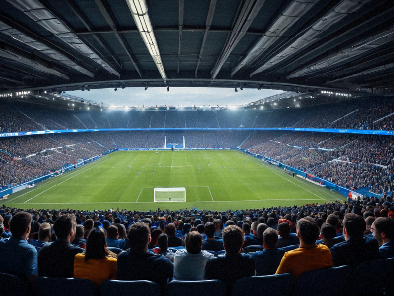 球迷在球场看台观看足球比赛，蓝鲸app足球直播平台赛事现场场景