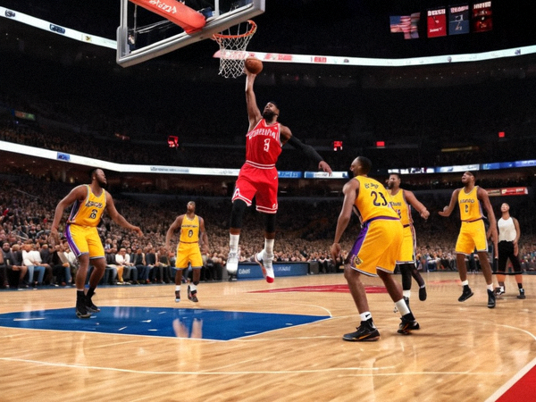 NBA 篮球比赛现场，球员突破上篮瞬间